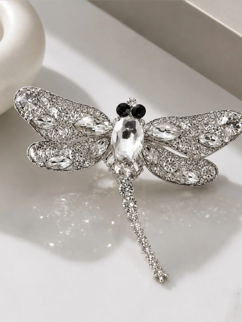 Dragonfly silver crystal rhinestone brooch